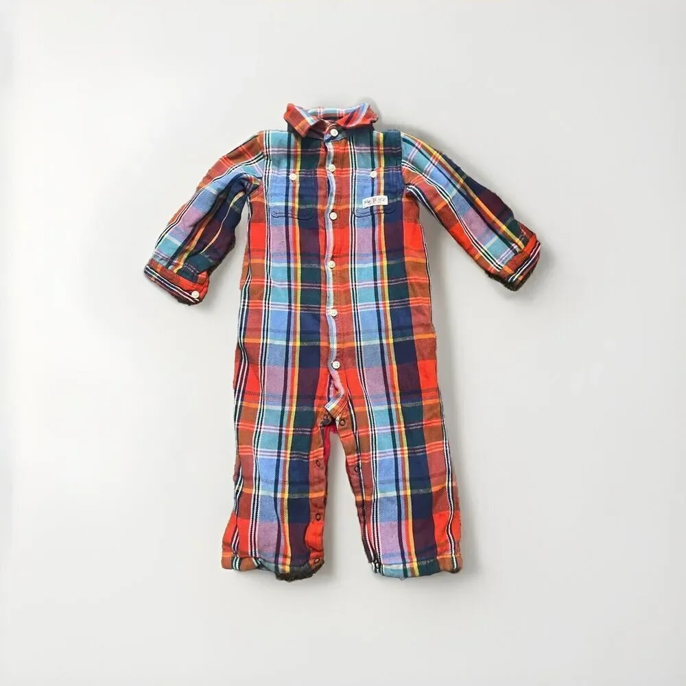 Ralph Lauren Baby 12M Red Plaid Flannel Logo Coverall Romper Lined Cozy Warm